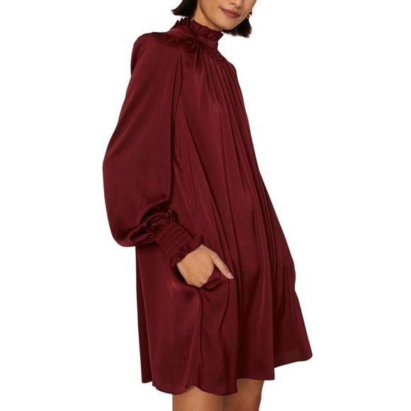 Adam Lippes Charmeuse Dress Ruffle Neck Burgundy 2 - Picture 2 of 13